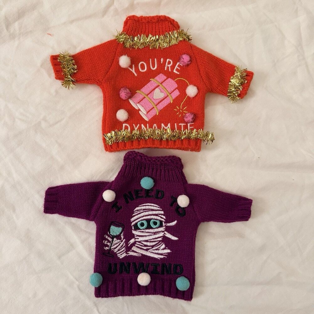 Mini Knit Sweater Decor Bundle Funny Text “You’re Dynamite” “I Need to Unwind”
